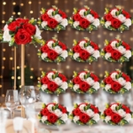 Product: Hotop 12 Pcs Flower Balls Wedding Rose Centerpieces Silk Flower Kissing Balls Arrangement Artificial Hydrangea Flower Bouquet Faux Rose Floral Decoration (Red,White)