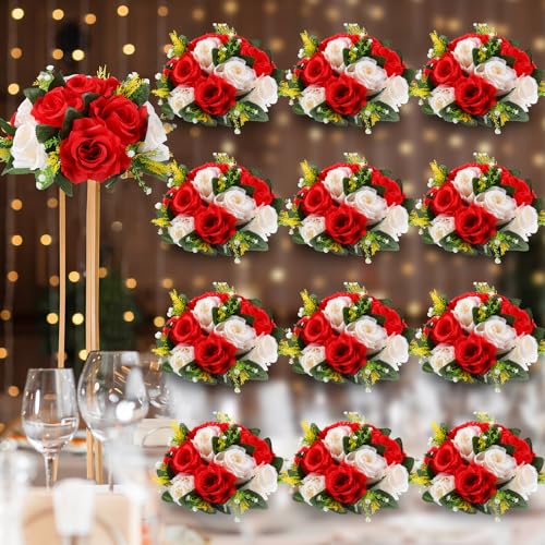 Product: Hotop 12 Pcs Flower Balls Wedding Rose Centerpieces Silk Flower Kissing Balls Arrangement Artificial Hydrangea Flower Bouquet Faux Rose Floral Decoration (Red,White)