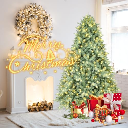 Silky Flower Store 7FT Prelit Blue Artificial Christmas Tree, Premium Spruce, 2518 Branch Tips, Warm White LED Lights, Hinged Branches, 7FT 7 7 Product: 7FT Prelit Blue Artificial Christmas Tree - Premium Spruce with 2518 Branch Tips for a Festive Holiday Decor