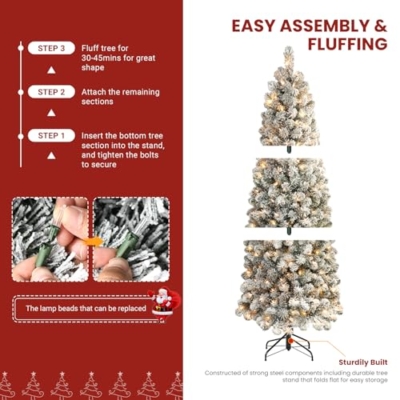 Product: SHareconn 7.5ft Prelit Snow Flocked Slim Pencil Christmas Tree - Warm White Lights & Full Branch Tips for Festive Holiday Decor