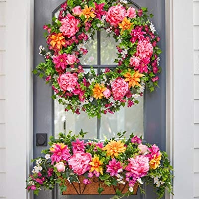 Silky Flower Store Balsam Hill Artificial Peony Outdoor Wreath, Pink Magenta Orange Boxwood Floral Decor, 30in 9 9 Product: Balsam Hill 30in Radiant Peony Outdoor Floral Artificial Wreath