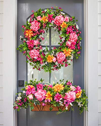 Silky Flower Store Balsam Hill Artificial Peony Outdoor Wreath, Pink Magenta Orange Boxwood Floral Decor, 30in 3 3 Product: Balsam Hill 30in Radiant Peony Outdoor Floral Artificial Wreath