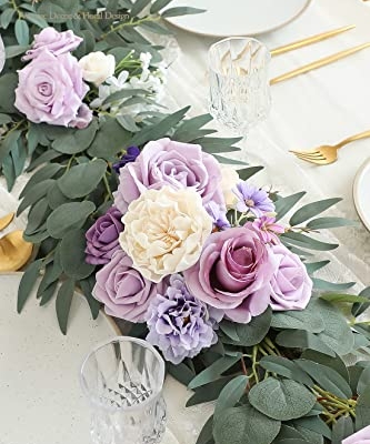 Silky Flower Store Artificial Eucalyptus Garland with Flowers, Lilac Lavender Floral Table Runner, 6ft 13.75in wide 3.5in high 8 8 Product: Floroom 6ft Artificial Eucalyptus Garland with Flowers Fake Greenery Faux Floral Vine Garland for Table Decor Wedding Centerpieces Bridal Shower Party Decorations, Lilac & Lavender