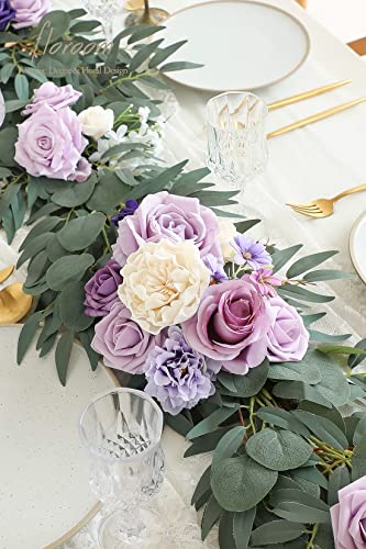 Silky Flower Store Artificial Eucalyptus Garland with Flowers, Lilac Lavender Floral Table Runner, 6ft 13.75in wide 3.5in high 2 2 Product: Floroom 6ft Artificial Eucalyptus Garland with Flowers Fake Greenery Faux Floral Vine Garland for Table Decor Wedding Centerpieces Bridal Shower Party Decorations, Lilac & Lavender