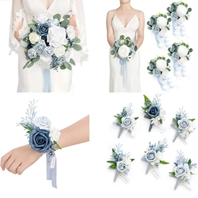 Product: Ling's Moment Dusty Blue Wedding Bouquets Package - 11" Bridal Bouquet, Bridesmaid Bouquets (Set of 4), Boutonnieres for Men (Set of 6), Wrist Corsage Bracelet (Set of 6)