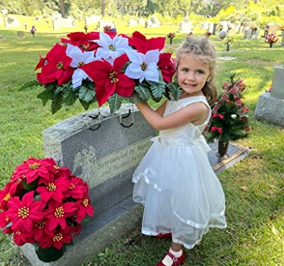 Product: Sympathy Silks Artificial Cemetery Flowers - Christmas Poinsettias - Outdoor Grave Decorations - Red and White Poinsettias Saddle for Headstone