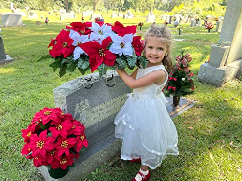 Product: Sympathy Silks Artificial Cemetery Flowers - Christmas Poinsettias - Outdoor Grave Decorations - Red and White Poinsettias Saddle for Headstone