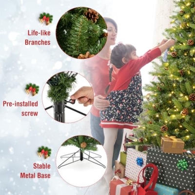 Product: GOFLAME 7FT Pre-Lit Christmas Tree - Quick Shape Artificial Xmas Tree with 700 LED Lights, Remote, Timer & Pine Cones for Holiday Home Office Decor
