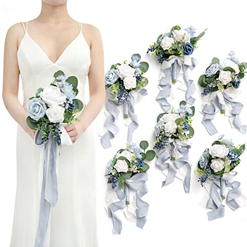 Ling's Moment Artificial Flowers Dusty Blue Bridesmaid Bouquet Set of 6, Blue & White Wedding Flowers Bouquets for Bridesmaids, 7 Inch Bridal Bouquets for Bridesmaids - Artificial Flower Arrangements Product: Ling's Moment Artificial Flowers Dusty Blue Bridesmaid Bouquet Set of 6, Blue & White Wedding Flowers Bouquets for Bridesmaids, 7 Inch Bridal Bouquets for Bridesmaids