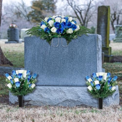 Product: XunYee 3 Pcs Artificial Cemetery Flower Set Cemetery Flowers Saddle Flowers Rose Bouquets with Vase 1 Saddle and 2 Memorial Bouquets for Outdoor Headstone Decor Grave(Blue, White)