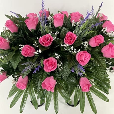Silky Flower Store Artificial Cemetery Flower Saddle, Pink Rose Purple Accent Mix, Grave Headstone Decoration, Bendable Silk Floral Arrangement, 20.5cm 8 8 Product: Pink Rose Spring Cemetery Flowers for Headstone and Grave Decoration-Pink Rose with Purple Accent Mix Saddle