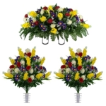 Product: Sympathy Silks Artificial Cemetery Flowers – Realistic Vibrant Wildflowers Outdoor Grave Decorations - Non-Bleed Colors- 2 Red Yellow Wildflower Bouquets, & 1 Matching Saddle