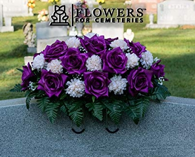 Product: Sympathy Silks Artificial Cemetery Flowers - Realistic - Outdoor Grave Decorations - Non-Bleed Colors, and Easy Fit - Purple Open Rose with Peach Cream Mum Saddle for Headstone