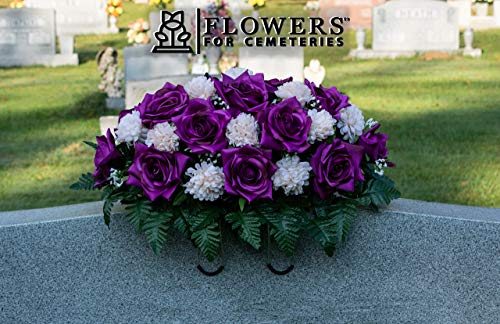 Product: Sympathy Silks Artificial Cemetery Flowers - Realistic - Outdoor Grave Decorations - Non-Bleed Colors, and Easy Fit - Purple Open Rose with Peach Cream Mum Saddle for Headstone