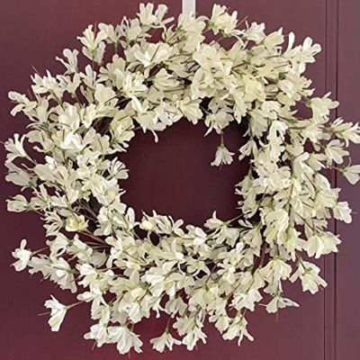 Silky Flower Store 24 Inch Forsythia Wreath, White Cream Artificial Spring Summer Front Door Decor, 24 Inch 11 11 Product: Summer Wreath for Front Door, 24 Inch White Cream Forsythia Summer Spring Wreath Blossom Cluster Flower Farmhouse on Grapevine for Christmas Festival Celebration Front Door Wall Window Hanging Décor