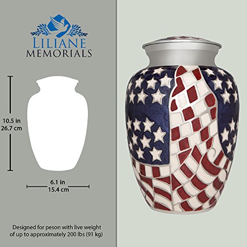 Silky Flower Store Brass American Flag Cremation Urn, Veteran Memorial Urn, Hand Made Adult Ashes Keepsake, 200 lbs, 20.5cm 3 3 Product: Flag Funeral Urn by Liliane Memorials- Cremation Urn for Human Ashes -Hand Made in Brass -Suitable for Cemetery Burial or Niche- Large Size fits Remains of Adults up to 200 lbs- Veteran-Hero Model