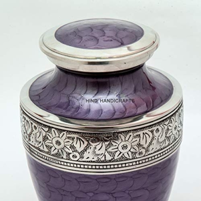 Silky Flower Store Silver Engraved Cremation Urn for Human Ashes, Handcrafted Pearl Purple, Hind Handicrafts, 7x7x10in, 200 Cubic Inches 6 6 Product: Silver Engraved Cremation Urn for Human Ashes Adult Funeral Urn Handcrafted - Large Burial Urn for Human Ashes - Bag Included (7" x 7" x 10" - 200 bs or 90 kg, Pearl Purple)