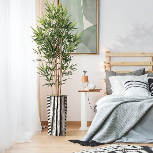 Product: Artificial Tree in Black and Brown Striped Planter, Fake Bamboo Silk Tree for Indoor and Outdoor Home Decoration - 70" Overall Tall (Plant Pot Plus Tree)