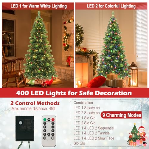 Product: HOMGX 7ft Pre-Lit Christmas Tree with 400 Multi-Color LED Lights, Hinged Xmas Pine Tree w/ 974 PVC Branch Tips, 36 Red Berries, Remote & Timer, 9 Lighting Modes Artificial Christmas Tree