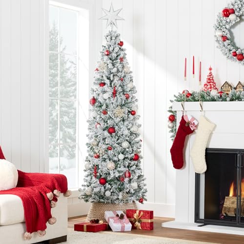 Silky Flower Store Flocked Pencil Christmas Tree, 6ft Slim Unlit Artificial Holiday Tree, Snow Dusted PVC Pine 6ft 1 1 Product: Best Choice Products Flocked Pencil Christmas Tree, Unlit Slim Artificial Holiday Decoration, 6ft Skinny Snowy Appearance w/Base