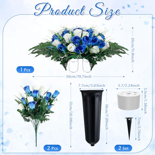 Product: XunYee 3 Pcs Artificial Cemetery Flower Set Cemetery Flowers Saddle Flowers Rose Bouquets with Vase 1 Saddle and 2 Memorial Bouquets for Outdoor Headstone Decor Grave(Blue, White)