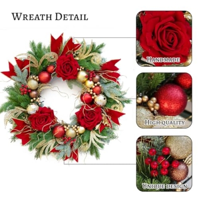 Silky Flower Store 24 Inch Christmas Wreath for Front Door, Outdoor Wreath with Lights, Pinecone, White Berries, Silver Ornaments, Yellow, 24in 9 9 Product: Christmas Wreath for Front Door–24Inch Outdoor Christmas Door Wreath with Lights,Xmas Wreath Classic Pinecone,White Berries and Silver Ornaments Design, Christmas Outdoor Wreath Decor (Yellow)