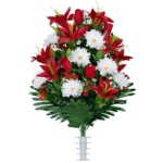 Product: Sympathy Silks Artificial Cemetery Flowers - Gravesite Flowers - Red Lilies with White Daisies and Red Roses - (1) Bouquet