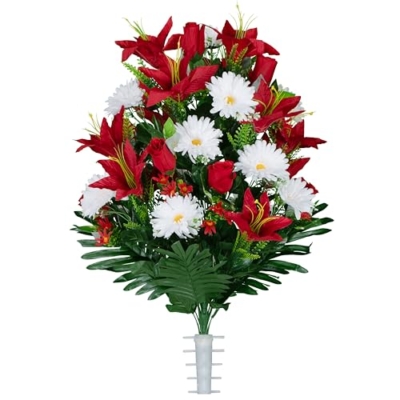 Product: Sympathy Silks Artificial Cemetery Flowers - Gravesite Flowers - Red Lilies with White Daisies and Red Roses - (1) Bouquet