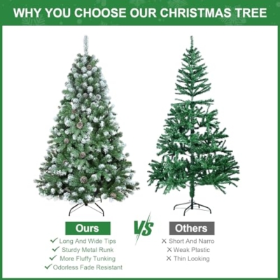 Silky Flower Store Snow Flocked Artificial Christmas Tree, Unlit Flocked Spruce with Pine Cones, 6ft 12 12 Product: Kadunmina 6ft Snow Flocked Artificial Christmas Tree Unlit Snowy Pine Tree for Home Office Holiday Indoor Outdoor Decoration Flocked Spruce Full Tree with 792 Branch Tips, Pine Cones, Metal Base