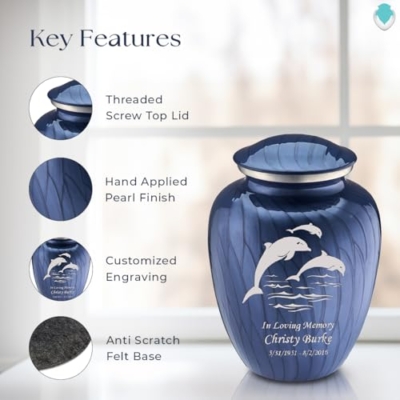 Product: Geturns Embrace Adult Personalized Dolphin Cremation Urns for Human Ashes I Large Pearl Cobalt Blue Funeral Urn for Men and Women I 200 lbs