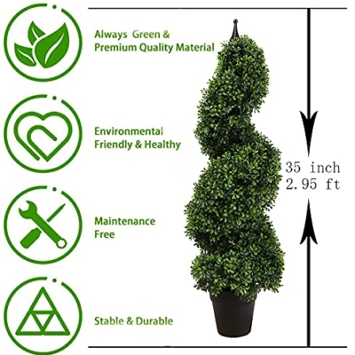 Product: 35 inch/2.95 ft Outdoor Boxwood Spiral Faux Topiary Trees, Artificial topiaries Tree with Black Pot,Set of 2