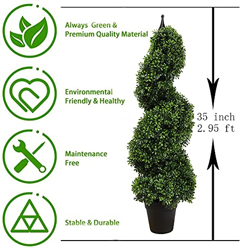 Product: 35 inch/2.95 ft Outdoor Boxwood Spiral Faux Topiary Trees, Artificial topiaries Tree with Black Pot,Set of 2