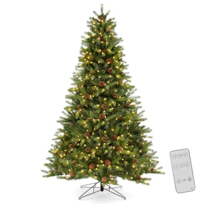 Product: GOFLAME 7FT Pre-Lit Christmas Tree - Quick Shape Artificial Xmas Tree with 700 LED Lights, Remote, Timer & Pine Cones for Holiday Home Office Decor