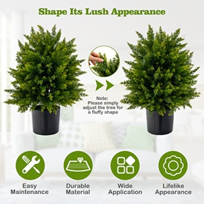 Product: Goplus 21.5” Artificial Cedar Topiary Ball Tree, Set of 2 Faux Potted Plants Artificial Shrubs Bushes with Cement Pot, Fake Evergreen Artificial Topiary for Indoor Outdoor Home Front Porch Decor