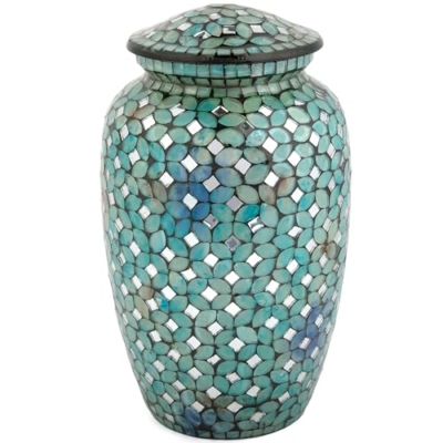 Product: Mosaic Glass Cremation Urn - Hand Made Funeral Urn for Human Ashes - Large Adult Size Burial Urn - Hand Applied Individual Tiles Create a one of a Kind Work of Art - 200 cu in (Blue)
