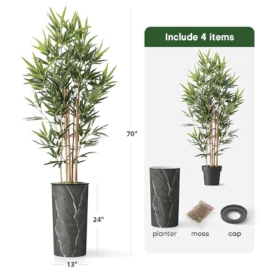 Product: Artificial Tree in Modern Granite Effect Planter, Fake Bamboo Silk TRE for Indoor and Outdoor Home Decoration - 70" Overall Tall (Plant Pot Plus Tree)