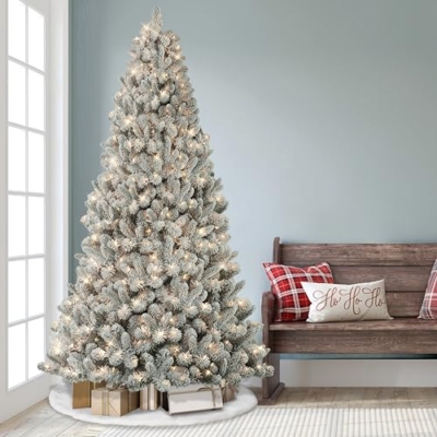 Silky Flower Store Pre-lit Flocked Virginia Pine Artificial Christmas Tree, Puleo International, 300 Clear Incandescent Lights, 6.5' 9 9 Product: Puleo International 6.5' Pre-lit Flocked Virginia Pine Artifical Christmas Tree with 300 UL-Listed Clear Incandescent Lights