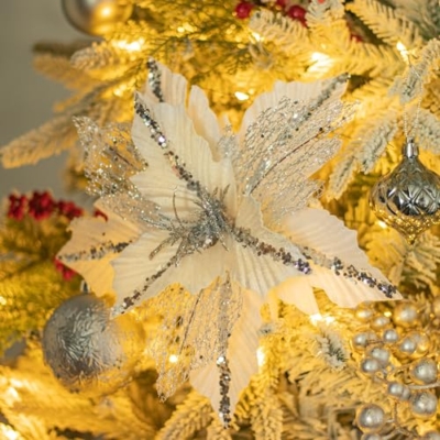 Silky Flower Store Christmas Poinsettia Artificial Flower Picks, White Velvet Glitter Floral Spray, Set of 6, 12in 9 9 Product: KI Store Large Christmas Poinsettia 6pcs Artificial Flower Picks Spray for Christmas Tree Decoration Wreath Garland (White)