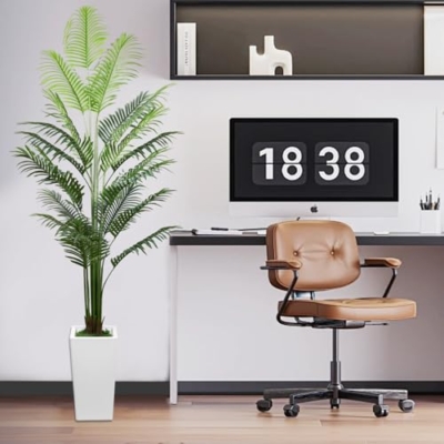 Silky Flower Store 6FT Artificial Palm Tree, 18 Adjustable Branches, White Pot, Indoor Faux Tropical Decor, 6FT 9 9 Product: 6FT Artificial Palm Tree with 18 Adjustable Branches and White Pot, Large Tall Realistic Indoor Faux Fake Silk Tropical Areca Palm Plant for Housewarming, Home and Office Decor