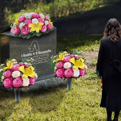 Product: AILVEMEE 3 PCS Artificial Cemetery Flowers Set with Vase - Pink Rose, Lily & Carnation Headstone Flower Saddle for Graves