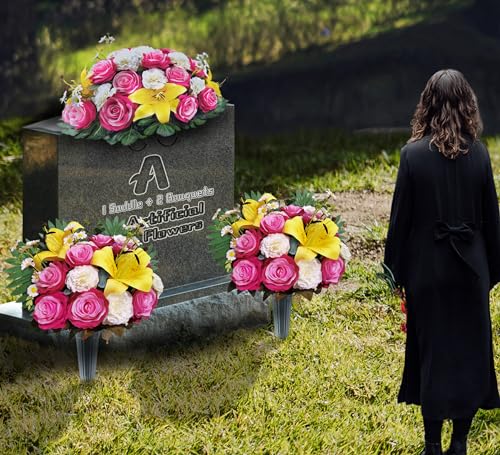 Product: AILVEMEE 3 PCS Artificial Cemetery Flowers Set with Vase - Pink Rose, Lily & Carnation Headstone Flower Saddle for Graves