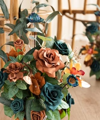 Silky Flower Store Tall Artificial Fall Wedding Aisle Flowers, Teal Burnt Orange Rose Centerpieces, 4pc Ceremony Reception Decor, 17.5in 11 11 Product: Ling's Moment 17.5" Tall Standing Artificial Flowers Arrangements 4pcs Fall Wedding Aisle Runner Chair Decorations Teal Burnt Orange Centerpieces Ceremony Reception Rose Floral Party Outdoor