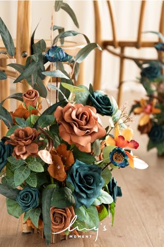 Silky Flower Store Tall Artificial Fall Wedding Aisle Flowers, Teal Burnt Orange Rose Centerpieces, 4pc Ceremony Reception Decor, 17.5in 2 2 Product: Ling's Moment 17.5" Tall Standing Artificial Flowers Arrangements 4pcs Fall Wedding Aisle Runner Chair Decorations Teal Burnt Orange Centerpieces Ceremony Reception Rose Floral Party Outdoor