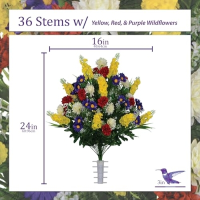 Silky Flower Store Artificial Cemetery Flowers, Sympathy Silks Red Yellow Wildflower Bouquets, Matching Tombstone Saddle, UV Resistant 2 Piece Set 32.5cm 9 9 Product: Sympathy Silks Artificial Cemetery Flowers – Realistic Vibrant Wildflowers Outdoor Grave Decorations - Non-Bleed Colors- 2 Red Yellow Wildflower Bouquets, & 1 Matching Saddle