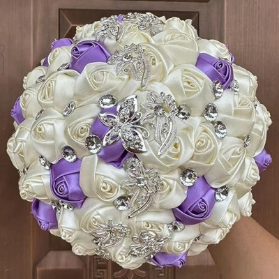 Product: Sharebeauty 9.4" Handmade Satin Rose Bridal Bouquet Toss Round Wedding Bouquet Throw Toss Artificial Flower Bunch Ivory + Bright Lavender