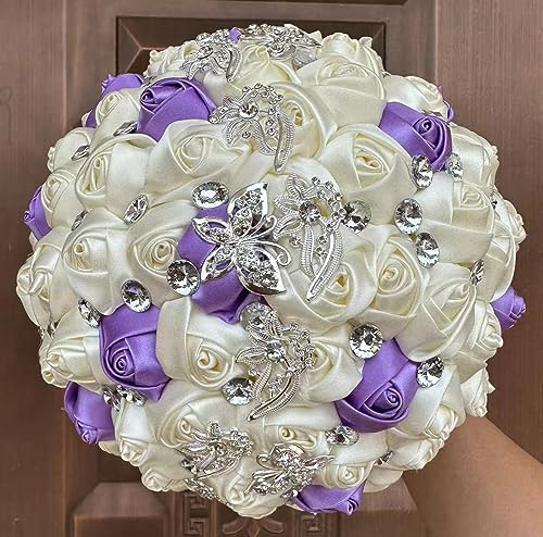 Product: Sharebeauty 9.4" Handmade Satin Rose Bridal Bouquet Toss Round Wedding Bouquet Throw Toss Artificial Flower Bunch Ivory + Bright Lavender