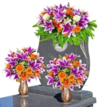 Product: FLOWERIA Large Purple-Orange Memorial Flowers for Cemetery - Artificial Sympathy Flower Saddle for Graveside Headstone