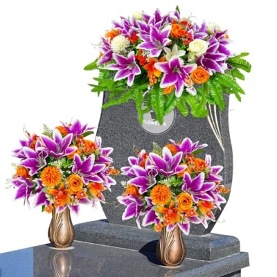 Product: FLOWERIA Large Purple-Orange Memorial Flowers for Cemetery - Artificial Sympathy Flower Saddle for Graveside Headstone