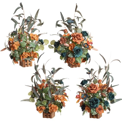 Silky Flower Store Tall Artificial Fall Wedding Aisle Flowers, Teal Burnt Orange Rose Centerpieces, 4pc Ceremony Reception Decor, 17.5in 5 5 Product: Ling's Moment 17.5" Tall Standing Artificial Flowers Arrangements 4pcs Fall Wedding Aisle Runner Chair Decorations Teal Burnt Orange Centerpieces Ceremony Reception Rose Floral Party Outdoor