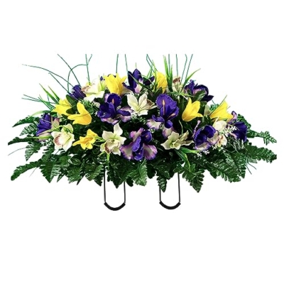 Product: Sympathy Silks Artificial Cemetery Flowers – Realistic Vibrant Tulips, Outdoor Grave Decorations - 30" Yellow Tulip Purple Iris White Orchid Saddle for Headstone
